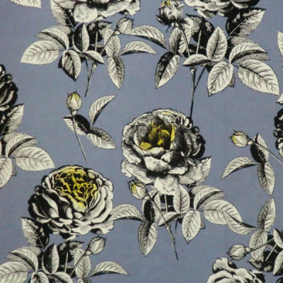 Креп Marni ч/б желтые розы на серо-голубом  фоне