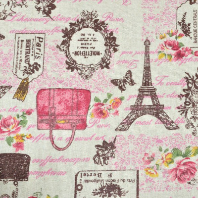 Лен принт Париж розовый