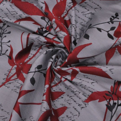 Портьерная ткань "Поэзия" красные цветы на сером фоне