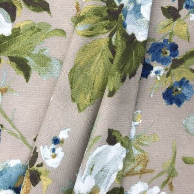 Портьерная ткань  бирюзово-белые цветы на св.бежевом фоне